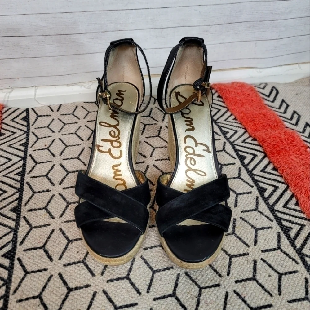 SAM EDELMAN BRENDA BLACK SUEDE ESPADRILLE WEDGES, SZ 10